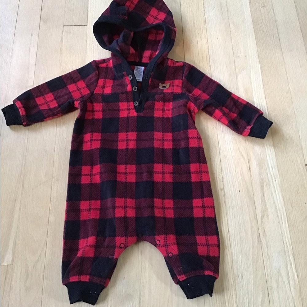 Red and Black Plaid Hooded Baby Onesie